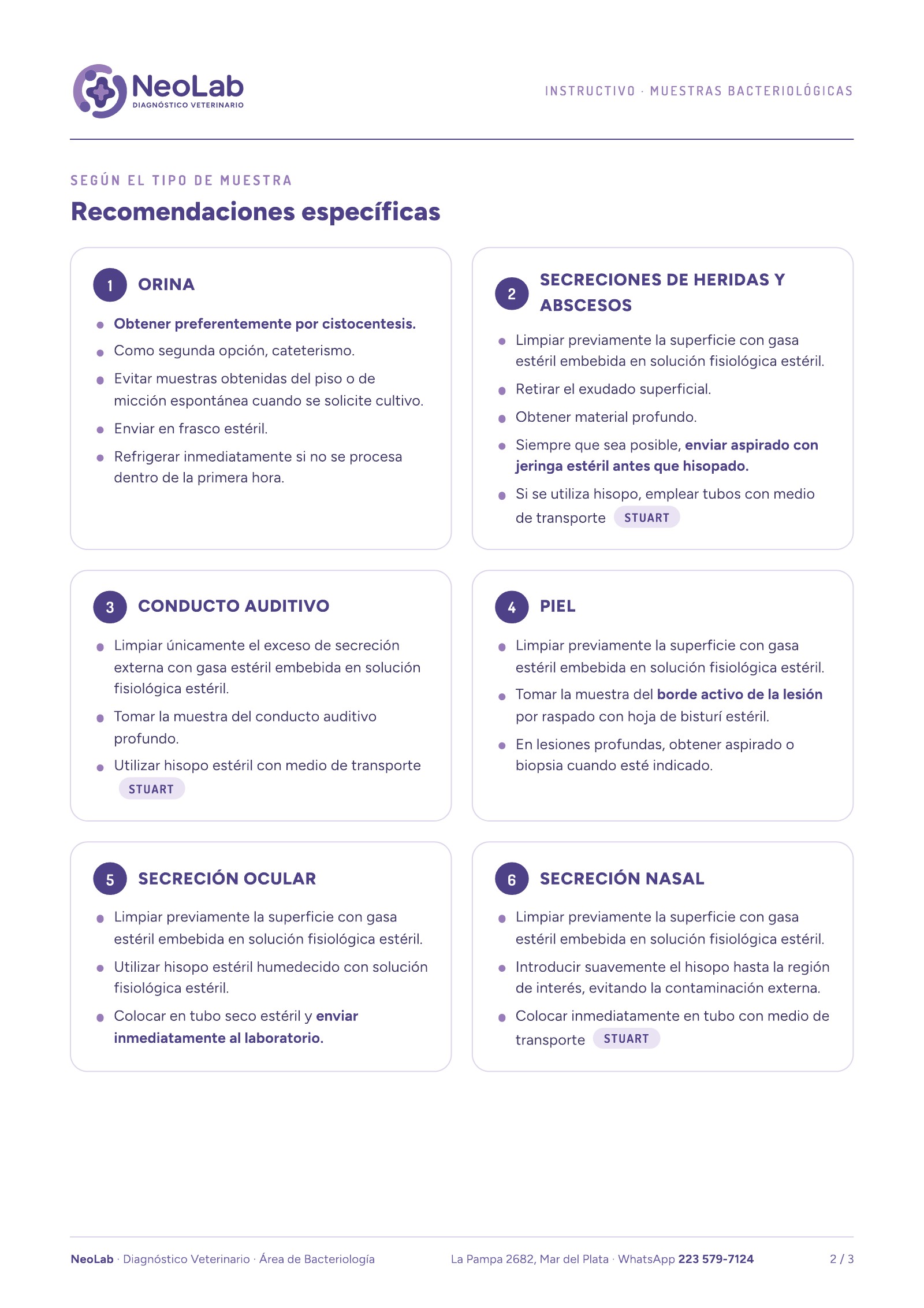 Instructivo de bacteriología, hoja 2 de 3: recomendaciones para orina, heridas y abscesos, conducto auditivo, piel, secreción ocular y secreción nasal.